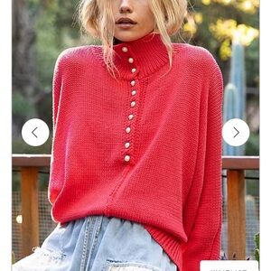 NWOT POL Chunky Mock Neck Pearl Button Relaxed Oversized Sweater Red Sz Small